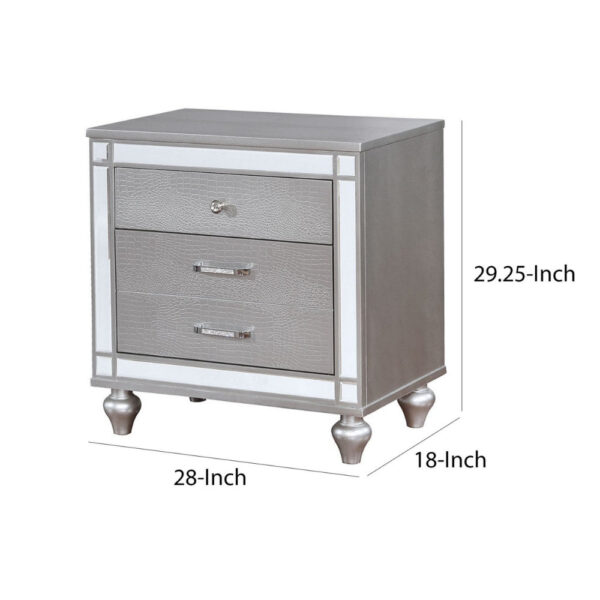 Three Drawer Solid Wood Nightstand with Mirror Accent Trim Front, Silver