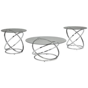 3-Piece Coffee and Side End Table Set | Round Glass Tops with Swirl Chrome Steel Bases | Silver