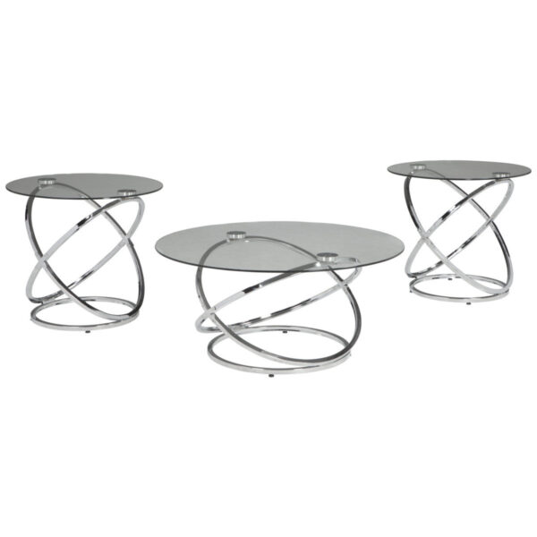 3-Piece Coffee and Side End Table Set | Round Glass Tops with Swirl Chrome Steel Bases | Silver