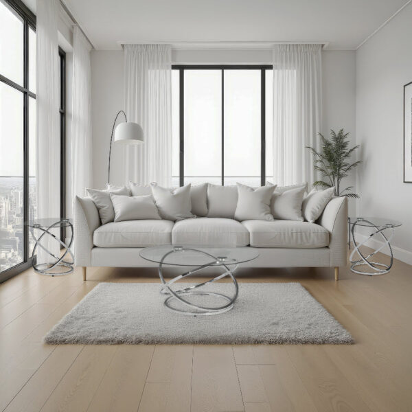 3-Piece Coffee and Side End Table Set | Round Glass Tops with Swirl Chrome Steel Bases | Silver