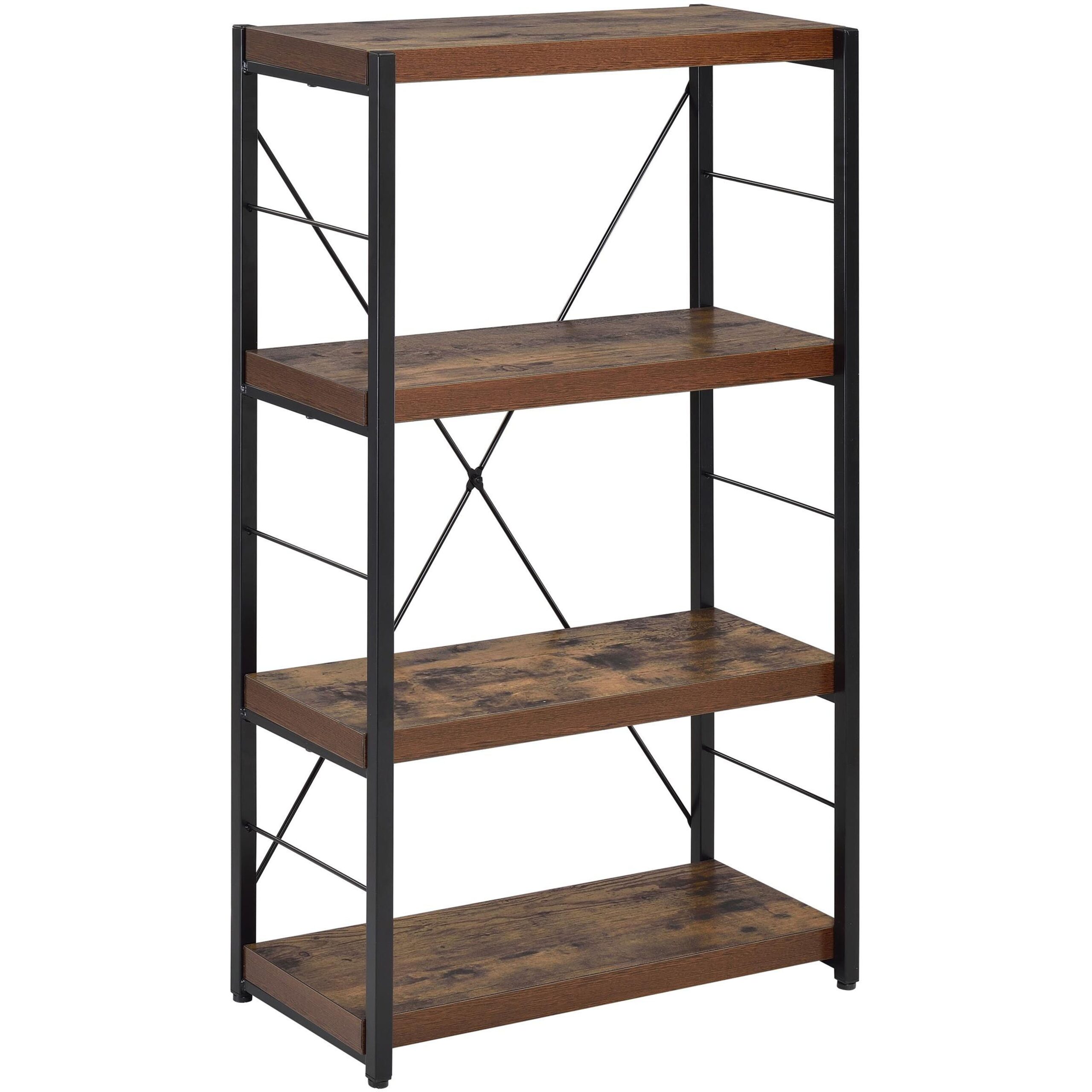 140220266990fb357c61c.jpeg 4 Tiered Metal Framed Wooden Bookshelf, Weathered Oak Brown and Black