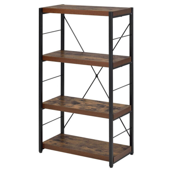 140220266990fbeabea44.jpeg 4 Tiered Metal Framed Wooden Bookshelf, Weathered Oak Brown and Black