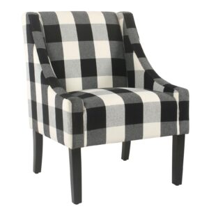 140220266990fbf5eb2d6.jpeg Fabric Upholstered Wooden Accent Chair with Buffalo Plaid Pattern, Black and White