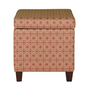 140220266990fbfc102ab.jpeg Geometric Patterned Square Wooden Ottoman with Lift Off Lid Storage, Orange and Cream