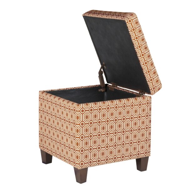 Geometric Patterned Square Wooden Ottoman with Lift Off Lid Storage, Orange and Cream