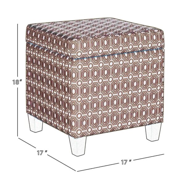 Geometric Patterned Square Wooden Ottoman with Lift Off Lid Storage, Orange and Cream