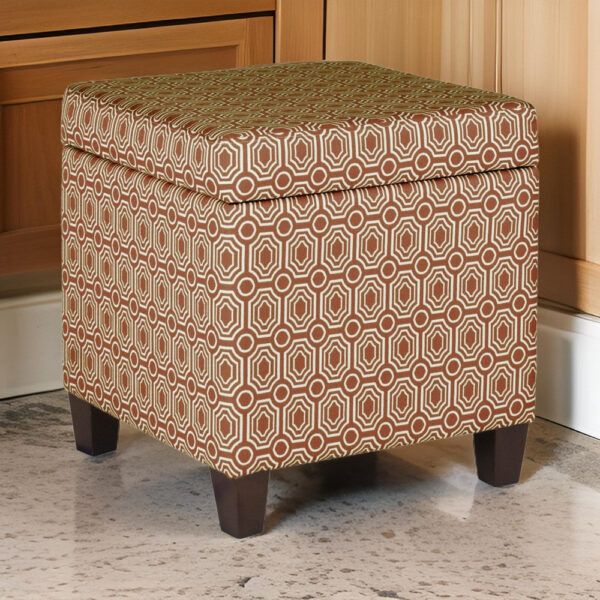 Geometric Patterned Square Wooden Ottoman with Lift Off Lid Storage, Orange and Cream