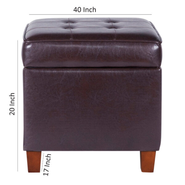 Square Shape Leatherette Upholstered Wooden Ottoman with Tufted Lift Off Lid Storage, Brown