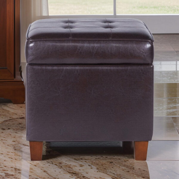 Square Shape Leatherette Upholstered Wooden Ottoman with Tufted Lift Off Lid Storage, Brown