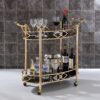 Metal Framed Serving Cart with Tempered Glass Top and Open Bottom Shelf, Gold and Black