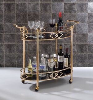 Metal Framed Serving Cart with Tempered Glass Top and Open Bottom Shelf, Gold and Black