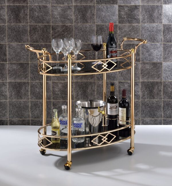 Metal Framed Serving Cart with Tempered Glass Top and Open Bottom Shelf, Gold and Black