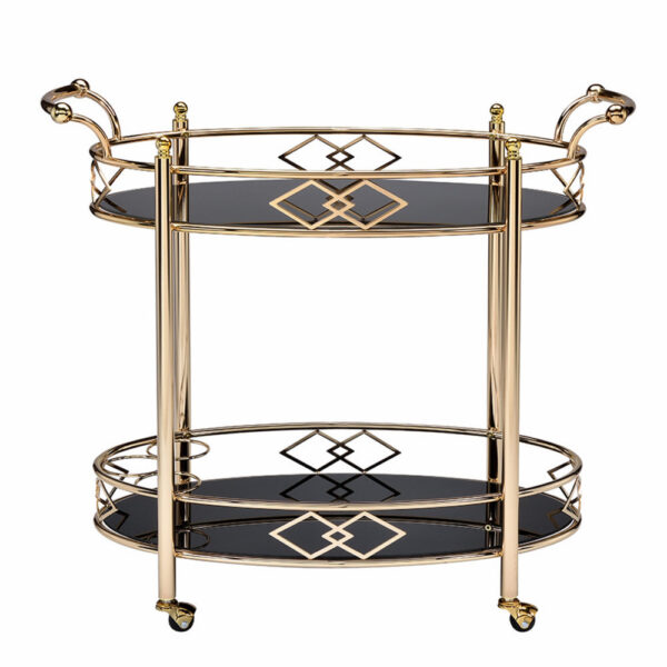 Metal Framed Serving Cart with Tempered Glass Top and Open Bottom Shelf, Gold and Black
