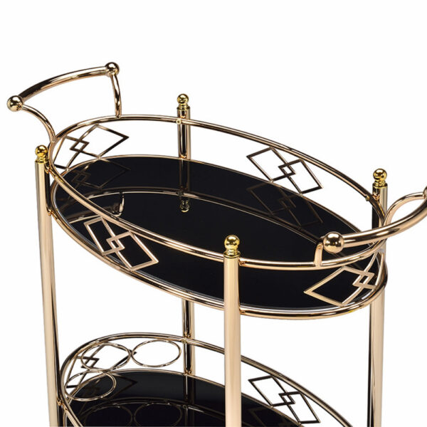 Metal Framed Serving Cart with Tempered Glass Top and Open Bottom Shelf, Gold and Black