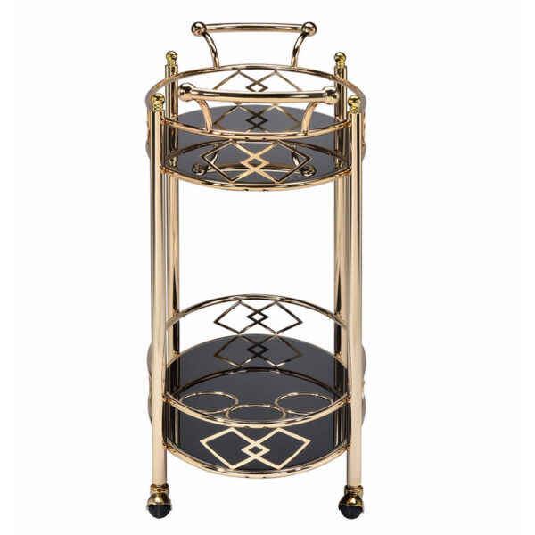 Metal Framed Serving Cart with Tempered Glass Top and Open Bottom Shelf, Gold and Black