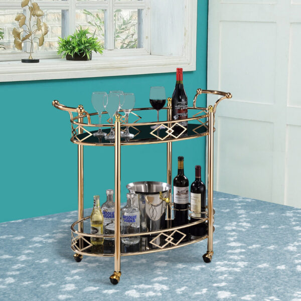 Metal Framed Serving Cart with Tempered Glass Top and Open Bottom Shelf, Gold and Black