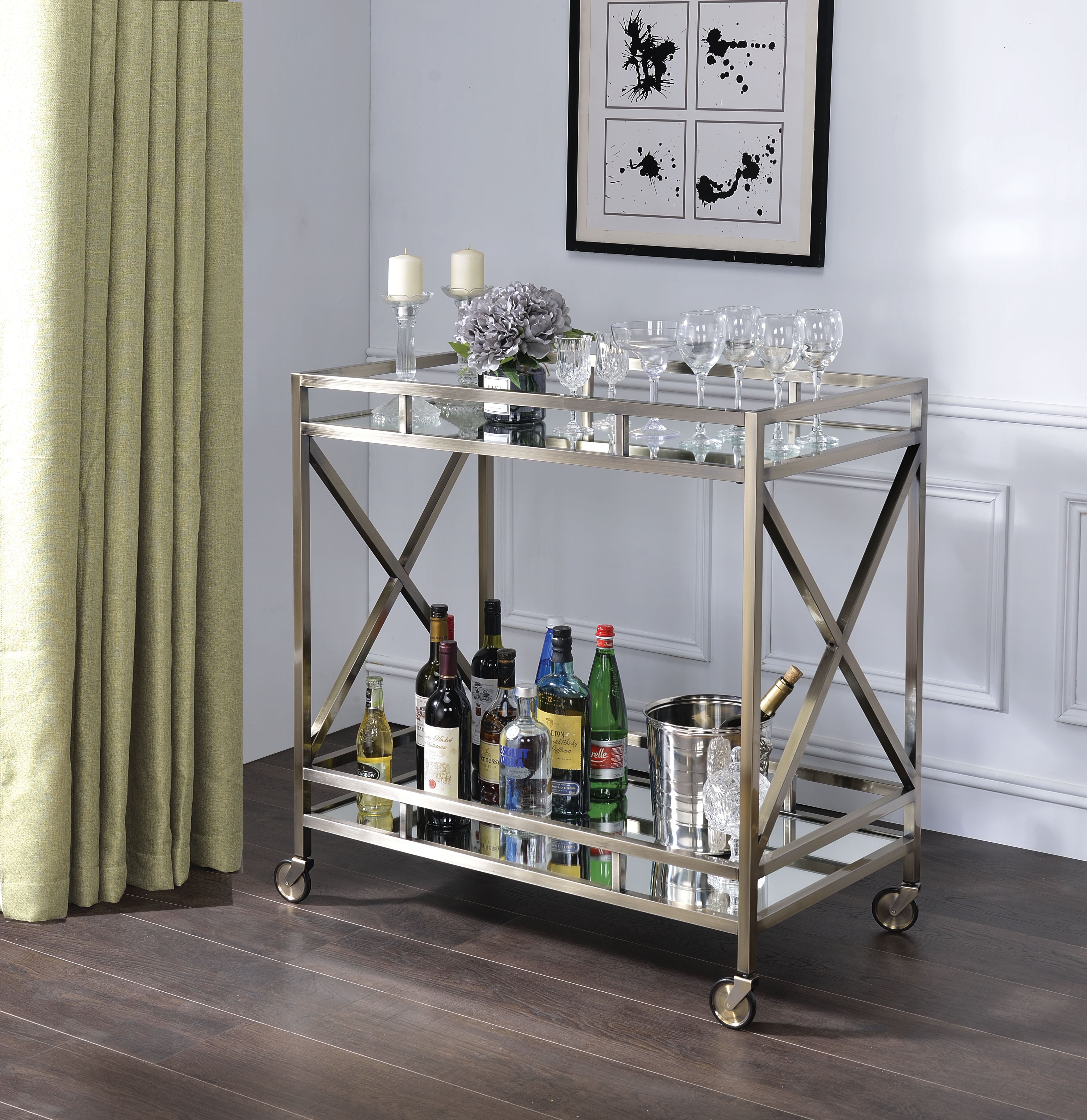 Metal Framed Two Tier Serving Cart with X Shaped Side Panels, Mirrored, Antique Gold