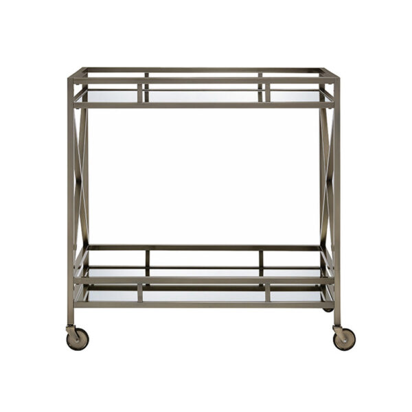 Metal Framed Two Tier Serving Cart with X Shaped Side Panels, Mirrored, Antique Gold