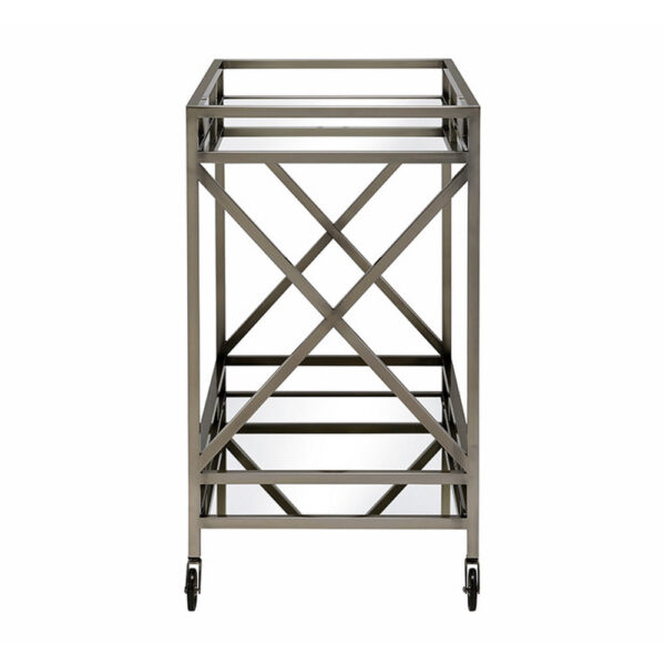 Metal Framed Two Tier Serving Cart with X Shaped Side Panels, Mirrored, Antique Gold