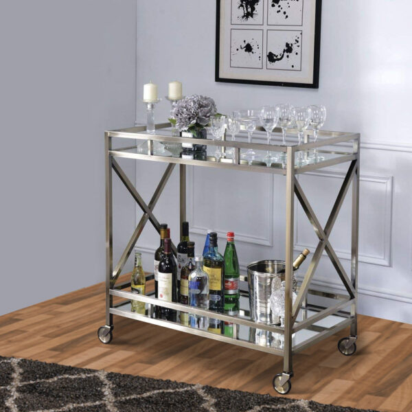 Metal Framed Two Tier Serving Cart with X Shaped Side Panels, Mirrored, Antique Gold