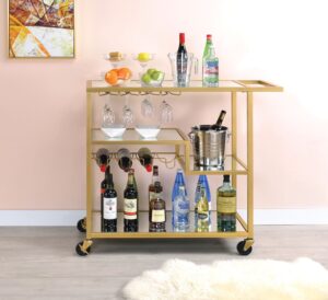 Metal Framed Serving Cart with Wine Bottle Holder and Stemware, Gold and Clear