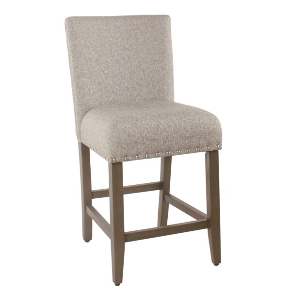 Fabric Upholstered Wooden Counter Stool with Striking Nail head Trims, Gray and Brown