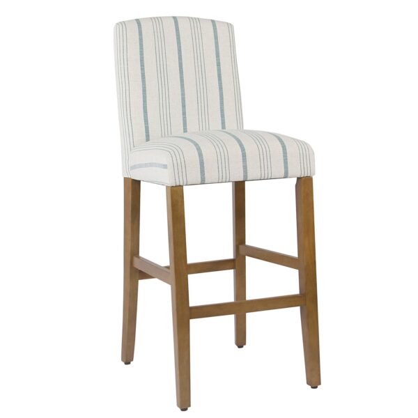 Fabric Upholstered Wooden Barstool with Striped Cushioned Seat, White and Blue