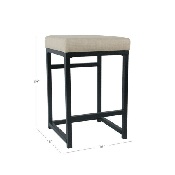 Open Back Metal Counter Stool with Fabric Upholstered Padded Seat, Beige and Black