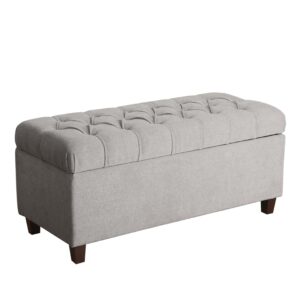 14022026699100b23bc05.jpeg Fabric Upholstered Button Tufted Wooden Bench With Hinged Storage, Gray and Brown