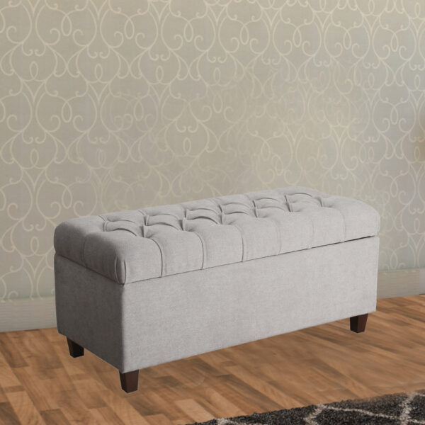Fabric Upholstered Button Tufted Wooden Bench With Hinged Storage, Gray and Brown
