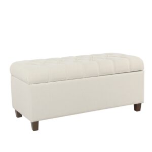 14022026699100ee6e2a0.jpeg Fabric Upholstered Button Tufted Wooden Bench With Hinged Storage, White and Brown