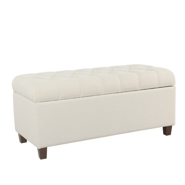 Fabric Upholstered Button Tufted Wooden Bench With Hinged Storage, White and Brown