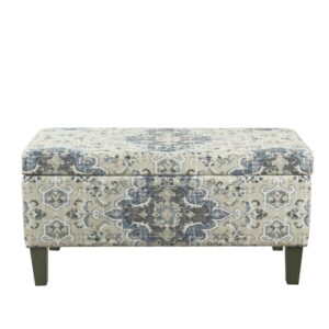 Medallion Print Fabric Upholstered Wooden Bench With Hinged Storage, Large, Blue and Cream