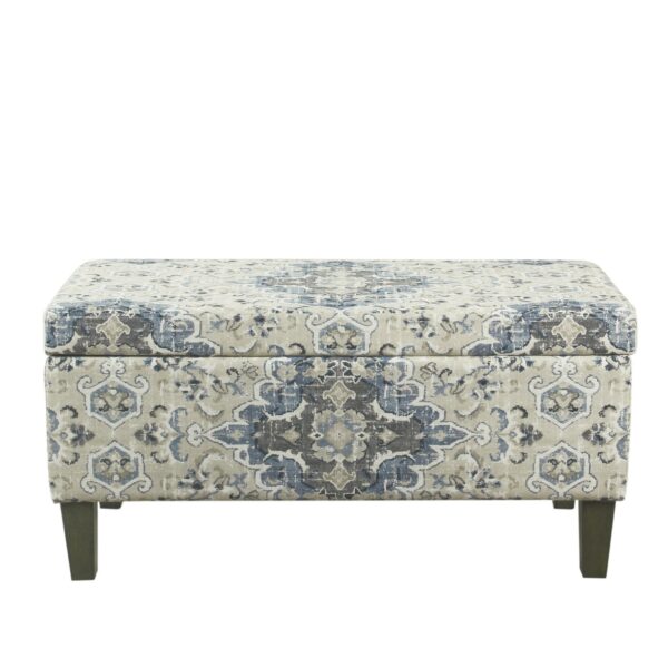 140220266991015ddd611.jpeg Medallion Print Fabric Upholstered Wooden Bench With Hinged Storage, Large, Blue and Cream