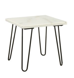 Marble Top End Table with Hairpin Style Metal Legs, White and Black