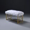 Modern Style Faux Fur Upholstered Bench with Geometrical Side Panels, White and Gold
