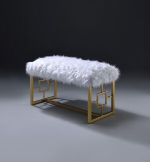 Modern Style Faux Fur Upholstered Bench with Geometrical Side Panels, White and Gold
