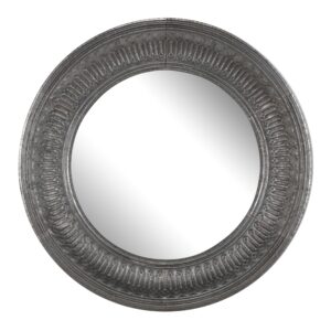 Round Wall Mirror with Thick Embossed Metal Border, Antique Gray