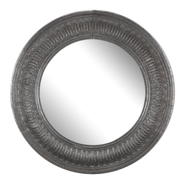 Round Wall Mirror with Thick Embossed Metal Border, Antique Gray