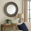 Round Wall Mirror with Thick Embossed Metal Border, Antique Gray