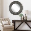 Round Wall Mirror with Thick Embossed Metal Border, Antique Gray