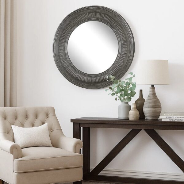 Round Wall Mirror with Thick Embossed Metal Border, Antique Gray