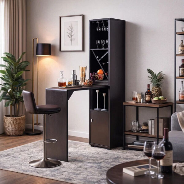 Wooden Wine Cabinet with Spacious Storage and Bar Table, Red Cocoa Brown