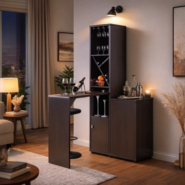 Wooden Wine Cabinet with Spacious Storage and Bar Table, Red Cocoa Brown