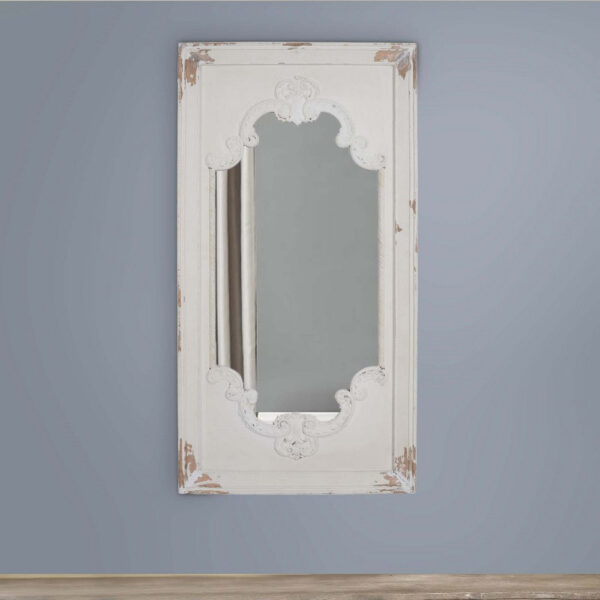 Wooden Rectangle Wall Mirror with Chipped Edges and Hook, White