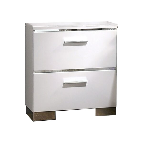 Wood and Metal Nightstand with 2 Drawers, White and Silver