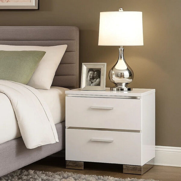 Wood and Metal Nightstand with 2 Drawers, White and Silver