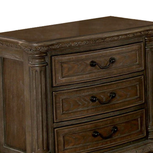 Wooden Nightstand with 3 Drawers and Intricate Carving Details, Brown