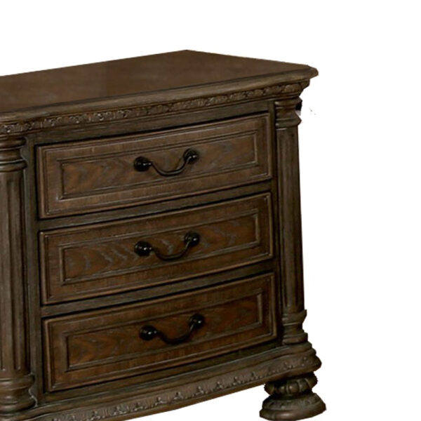 Wooden Nightstand with 3 Drawers and Intricate Carving Details, Brown