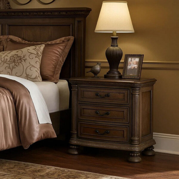 Wooden Nightstand with 3 Drawers and Intricate Carving Details, Brown